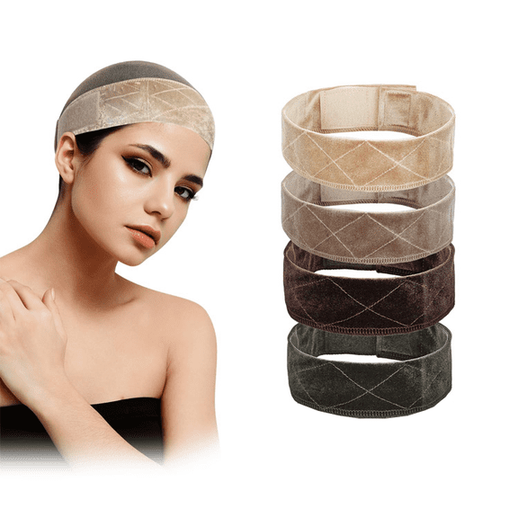 PEAKIN Women's Wig Grip Band, Adjustable Elastic Comfort Headband, Velvet Tan Color, Beige, Coffee Brown, Dark Gray, 4 Pieces