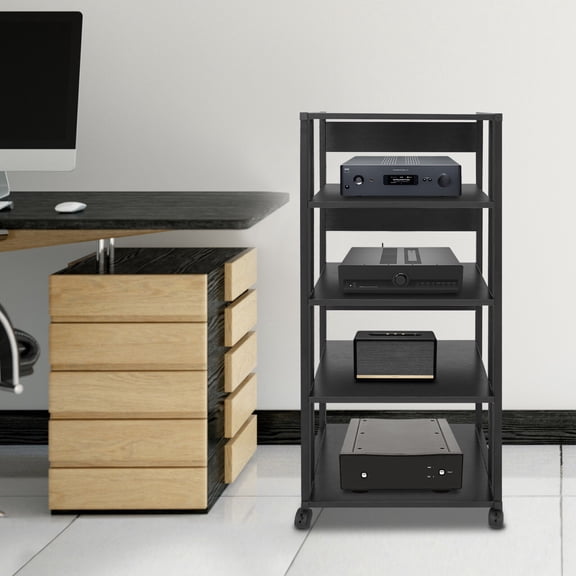PEAKORA 5-Tier AV Media Stand Rack Black 50  40  109 cm Lockable Wheels