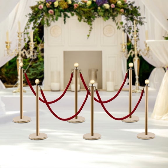 PEAKORA 6* Crowd Control Stanchion Set VIP Queue Barrier Gold Poles w/ Red Velvet Rope,6Pcs Golden Stanchion Posts with 4 Velvet Ropes Crowd Control Queue Pole Barrier