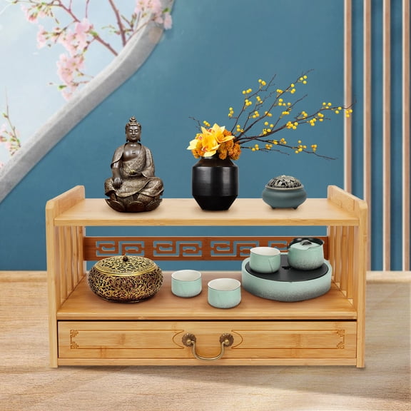 PEAKORA Bamboo 3-Tier Altar Table With Drawer - Chinese Style Wood, 52  25  28cm,Altar Table with Drawer,Puja Table for Home,Perfect Used for Meditation, Prayers