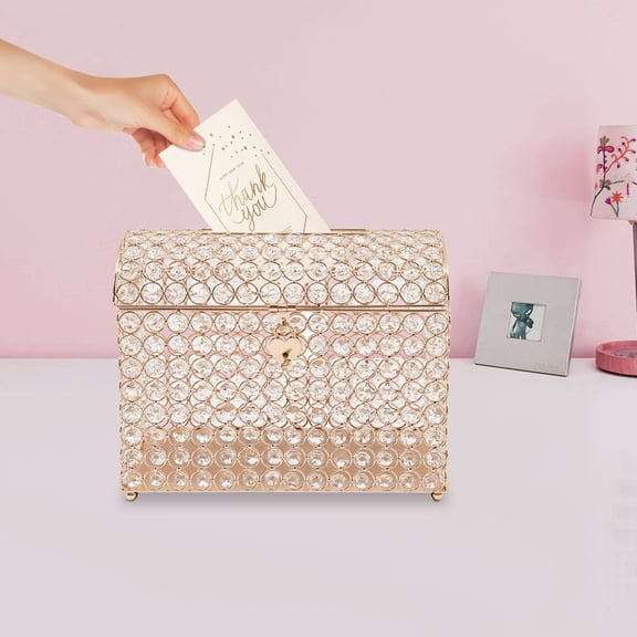 PEAKORA Golden Wedding Card Box For Gift Card Anniversary Money Card Box With Heart Lock,Clear Gold Lockable Wedding Card Box 31 16 25 cm With Lock & Key