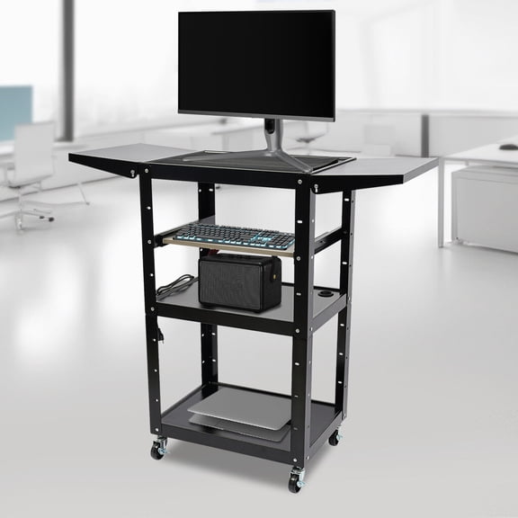 PEAKORA Rolling PC Cart Monitor Mount Mobile Computer Workstation Stand Adjustable Desk,3 Tier 90 Folding Rolling Cart Heavy Duty Rolling Work Station w/ Keyboard Tray