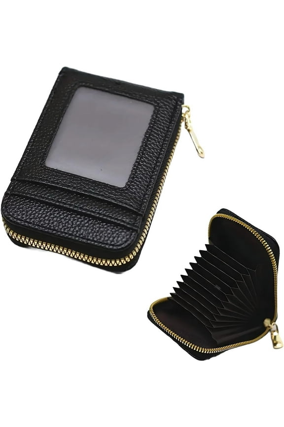RFID Credit Card Wallet, RFID Blocking, Compact Size Genuine PU Leather Credit Card Holder Business, Zipper Wallet Card Organizer Case With 9 Card Slots 2Cash Slot (Black)