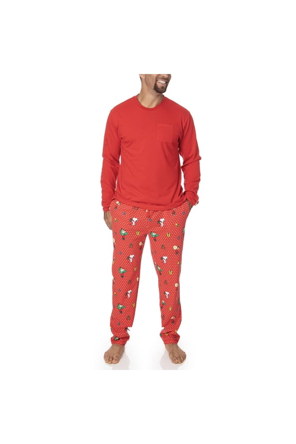 Mens' Cotton Snoopy Family Matching Pajamas 2-Piece Sets for Christmas with Woodstock Charlie Brown Linus, Gift for him (Red Polka Dot, M)