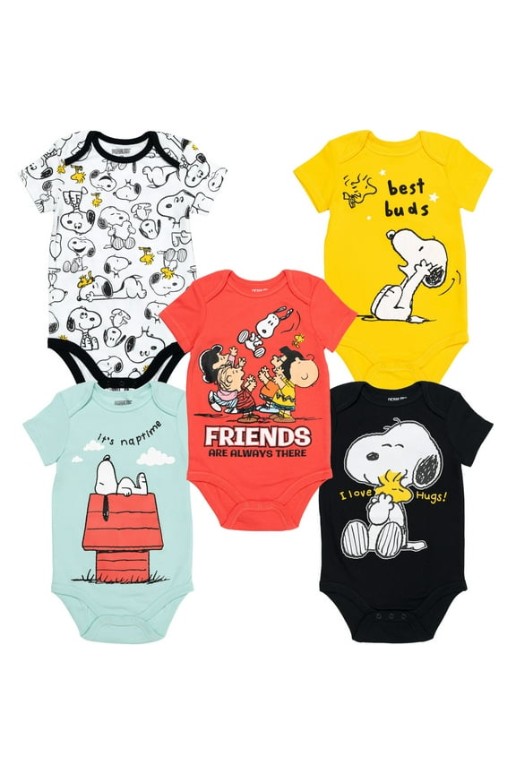Snoopy Charlie Brown 5 Pack Bodysuits Newborn to Infant