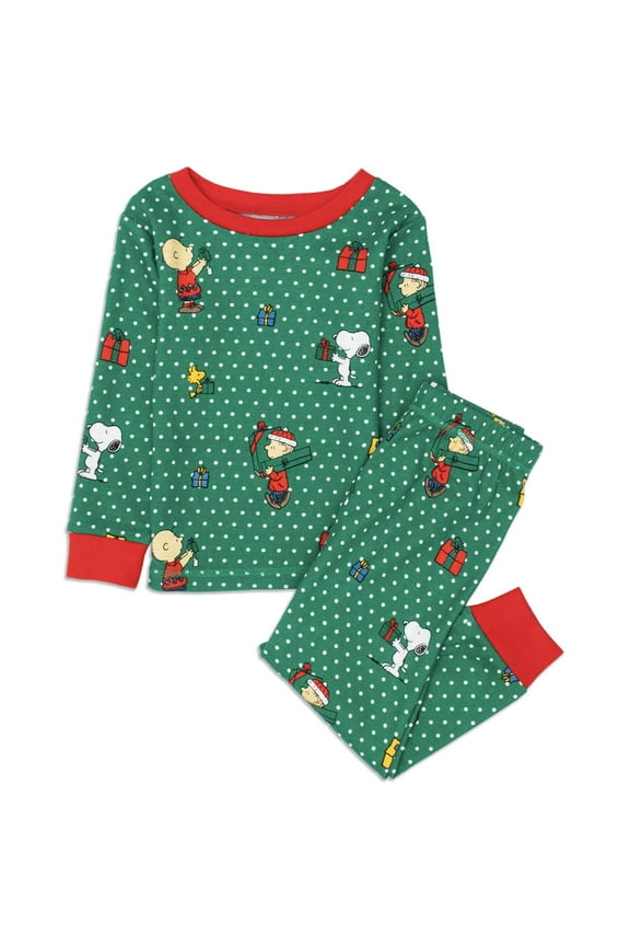 Snoopy Cotton Family Matching Pajamas Holiday 2-Piece Sets for Christmas with Woodstock Charlie Brown Linus for Baby (Green Polka Dot, 12M)