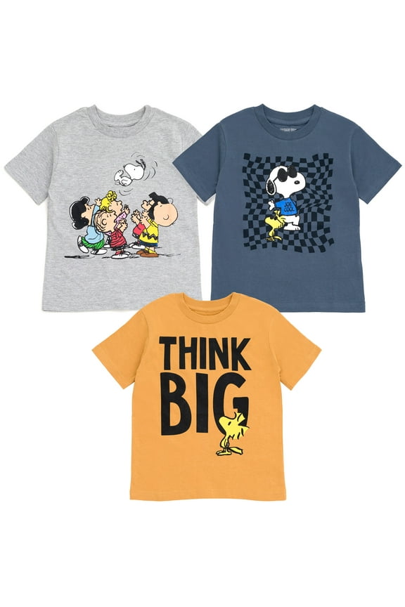 Woodstock Snoopy Charlie Brown Big Boys 3 Pack T-Shirts Blue / Gray / Khaki 10-12