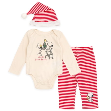 PEANUTS Woodstock Snoopy Christmas Bodysuit, Pants and Velour Santa Hat 3 Piece Outfit Set Newborn to Infant