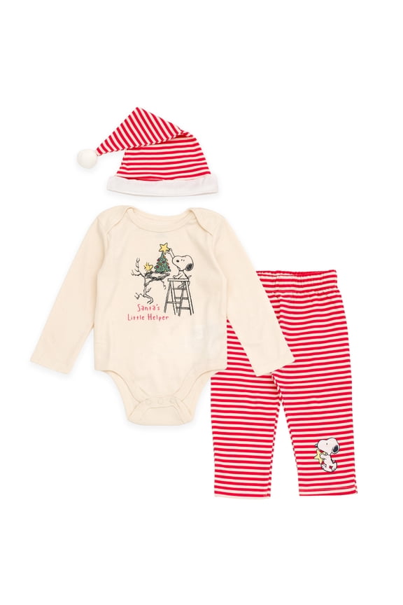 Woodstock Snoopy Christmas Bodysuit, Pants and Velour Santa Hat 3 Piece Outfit Set Newborn to Infant