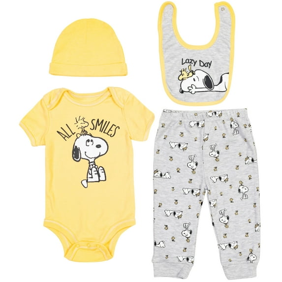 PEANUTS Woodstock Snoopy Newborn Baby Boys Bodysuit Jogger Pants Bib and Hat 4 Piece Outfit Set Newborn to Infant