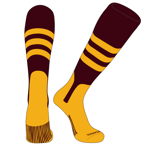 PEAR SOX OTC Baseball Softball Stirrup Socks (A, 7in) Maroon, Gold, Gold (M)