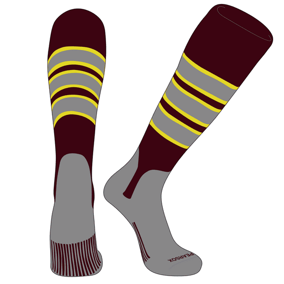 PEAR SOX OTC Baseball Softball Stirrup Socks (C, 5in) Maroon, Bright Yellow, Silver, Silver (M)