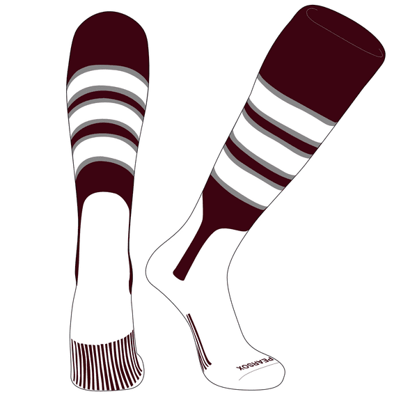 PEAR SOX OTC Baseball Softball Stirrup Socks (C, 7in) Maroon, Silver, White (L)