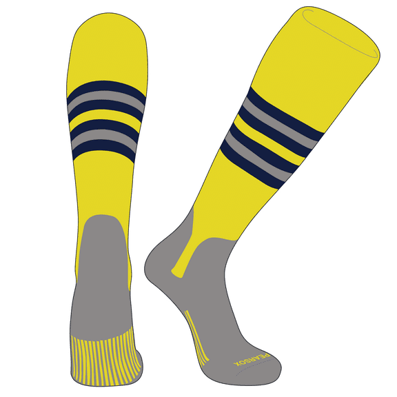 Pear Sox Elite Baseball Knee High Stirrup Socks (I, 5in) Bright Yellow, Navy, Silver, Silver (XS)