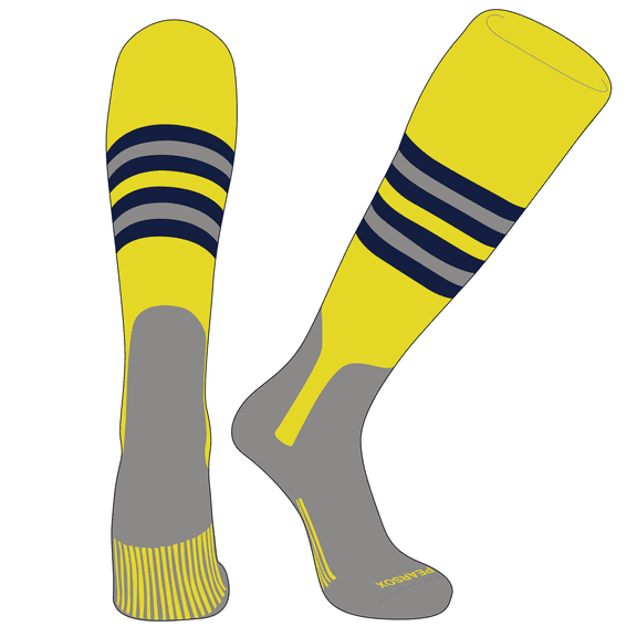 PEAR SOX OTC Baseball Softball Stirrup Socks (F, 7in) Brt Yellow, Navy, Silver, SV (S)