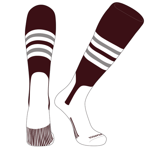 PEAR SOX OTC Baseball Softball Stirrup Socks (F, 7in) Maroon, White, Silver (L)
