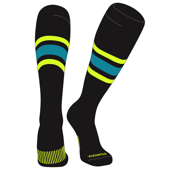 PEAR SOX Striped OTC Baseball, Softball, Football Socks (B) Black, Neon Yellow, Marlin Teal (M)