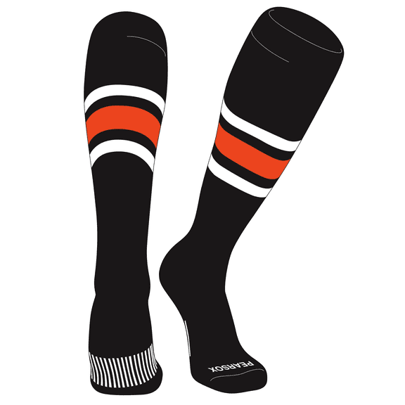 PEAR SOX Striped OTC Baseball, Softball, Football Socks (B) Black, White, Orange (S)
