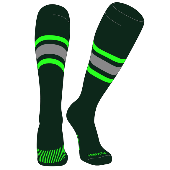 PEAR SOX Striped OTC Baseball, Softball, Football Socks (B) Forest Green, NEON Green, Silver (M)