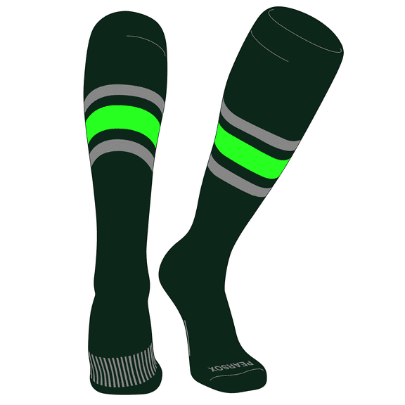 PEAR SOX Striped OTC Baseball, Softball, Football Socks (B) Forest Green, Silver, Neon Green (S)