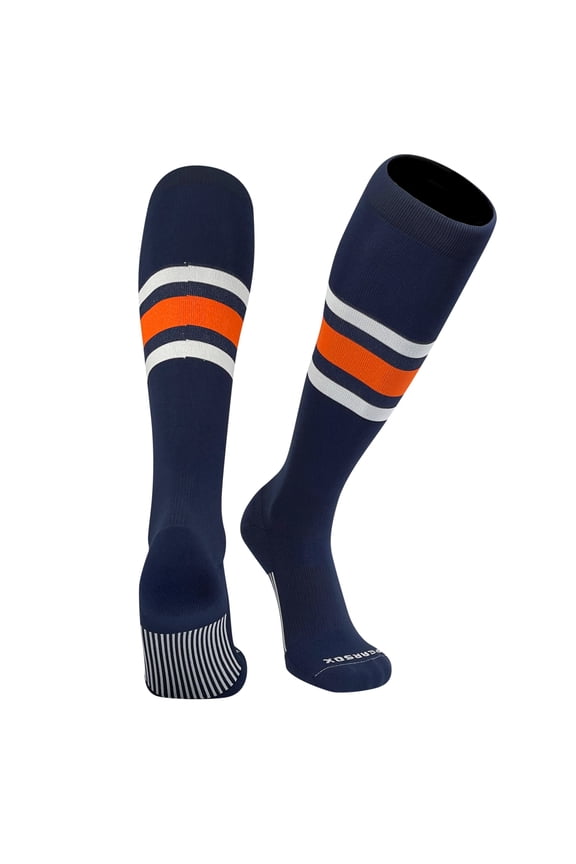 Striped OTC Baseball, Softball, Football Socks (B) Navy Blue, White, Orange (M)