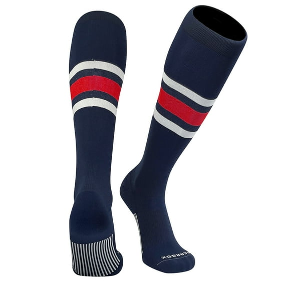 PEAR SOX Striped OTC Baseball, Softball, Football Socks (B) Navy Blue, White, Scarlet Red (L)