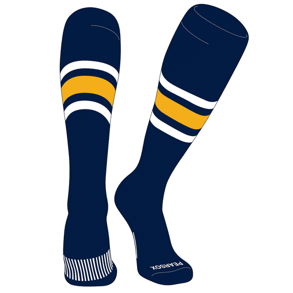 PEAR SOX Striped OTC Baseball, Softball, Football Socks (B) Navy, White, Gold (L)