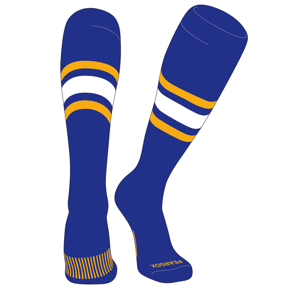 PEAR SOX Striped OTC Baseball, Softball, Football Socks (B) Royal, Gold, White (M)
