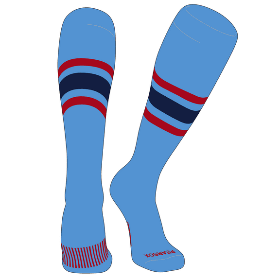 PEAR SOX Striped OTC Baseball, Softball, Football Socks (B) Sky Blue, Red, Navy (M)