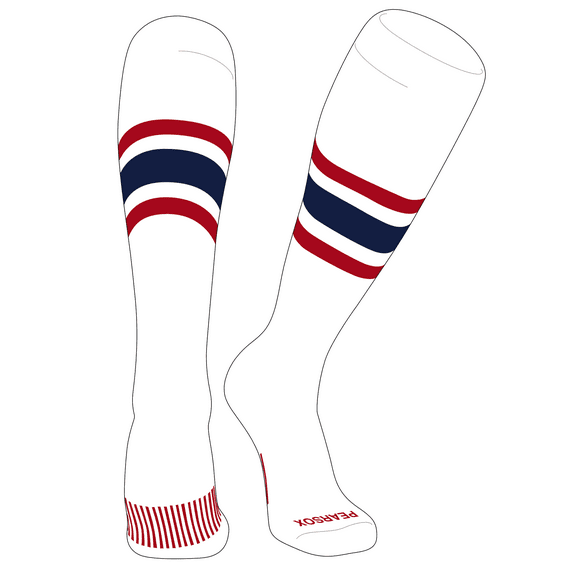 PEAR SOX Striped OTC Baseball, Softball, Football Socks (B) White, Red, Navy (M)