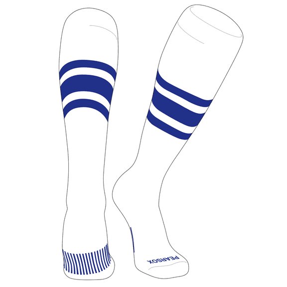 PEAR SOX Striped OTC Baseball, Softball, Football Socks (B) White, Royal (L)