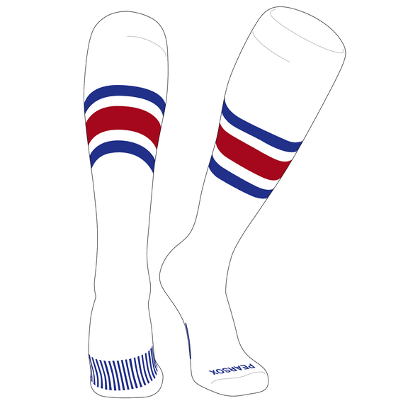 PEAR SOX Striped OTC Baseball, Softball, Football Socks (B) White, Royal, Red (XL)