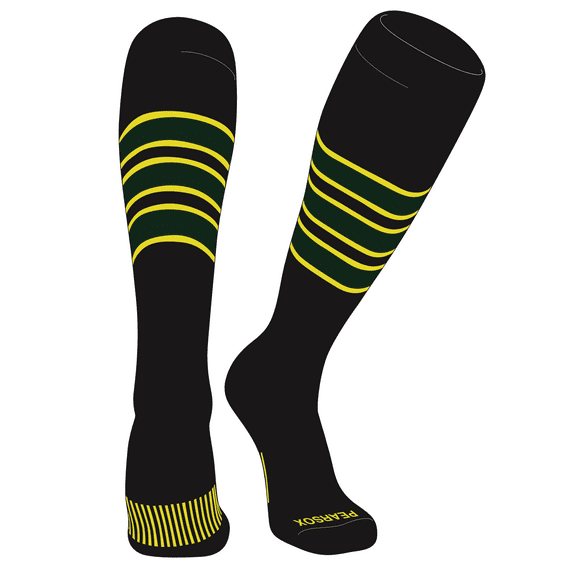 PEAR SOX Striped OTC Baseball, Softball, Football Socks (C) Black, Bright Yellow, Forest Green (XS)