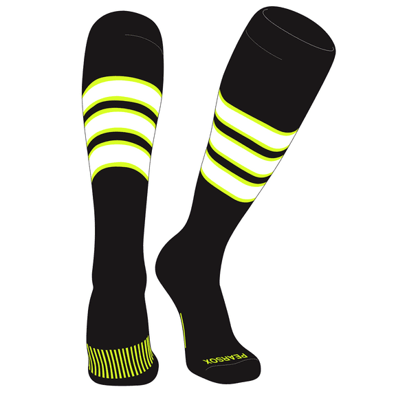PEAR SOX Striped OTC Baseball, Softball, Football Socks (C) Black, Neon Yellow, White (S)