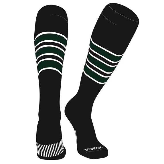 PEAR SOX Striped OTC Baseball, Softball, Football Socks (C) Black, White, Forest Green (L)