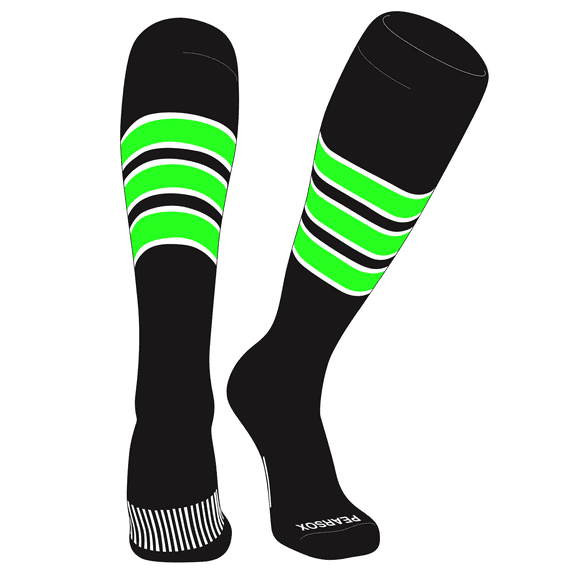 PEAR SOX Striped OTC Baseball, Softball, Football Socks (C) Black, White, Neon Green (M)
