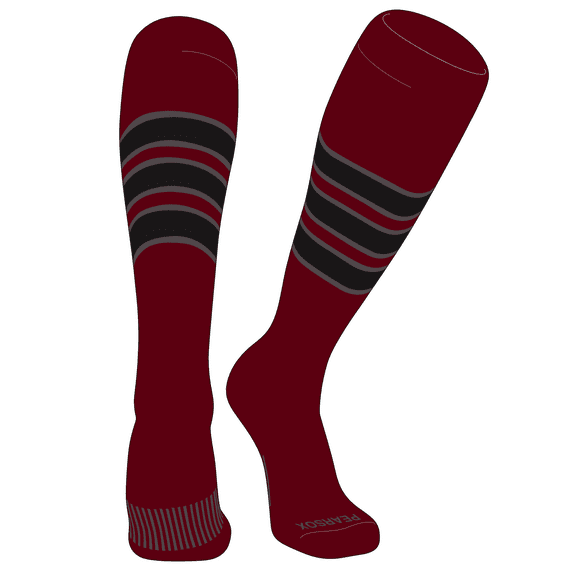 PEAR SOX Striped OTC Baseball, Softball, Football Socks (C) Cardinal, Graphite, Black (XS)