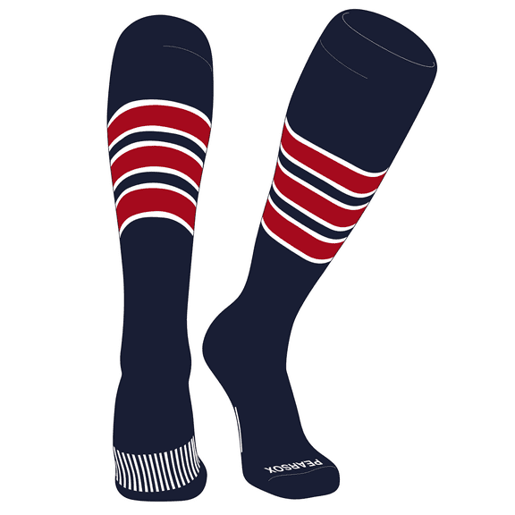 PEAR SOX Striped OTC Baseball, Softball, Football Socks (C) Dark Navy, White, Red (XS)