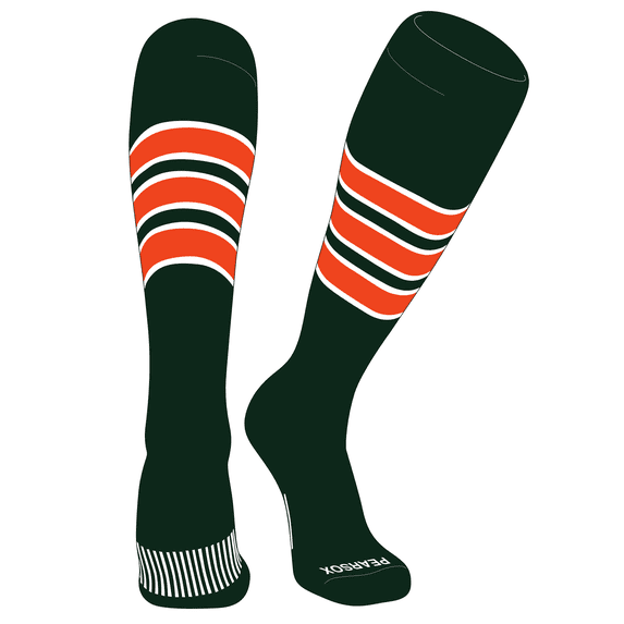 PEAR SOX Striped OTC Baseball, Softball, Football Socks (C) Forest Green, White, Orange (L)