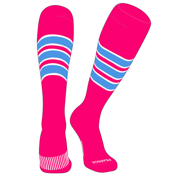 PEAR SOX Striped OTC Baseball, Softball, Football Socks (C) Hot Pink, White, Sky Blue (M)