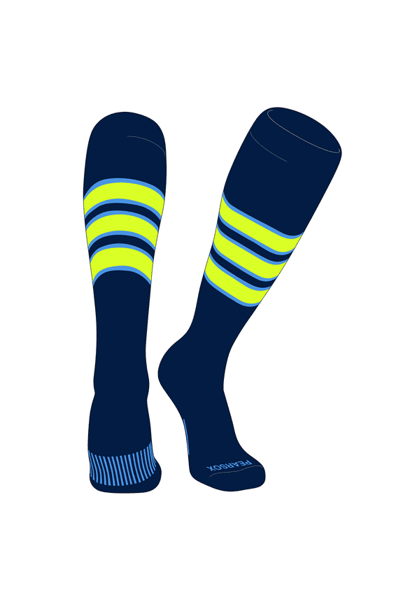 Striped OTC Baseball, Softball, Football Socks (C) Navy, Sky Blue, Neon Yellow (XS)