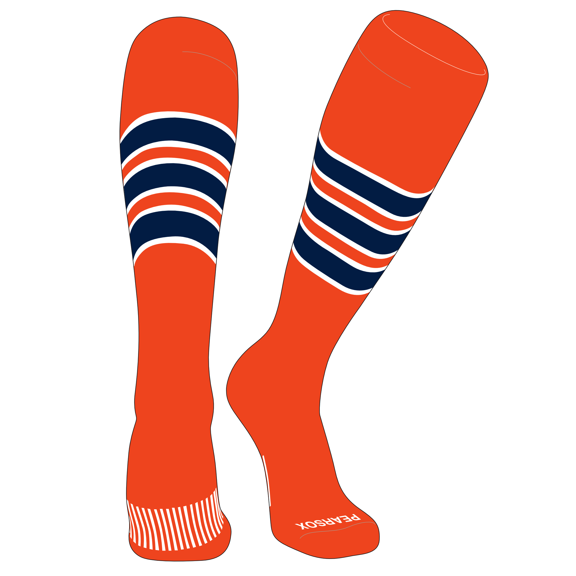PEAR SOX Striped OTC Baseball, Softball, Football Socks (C) Orange, White, Navy (M)