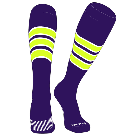 PEAR SOX Striped OTC Baseball, Softball, Football Socks (C) Purple, White, Neon Yellow (S)