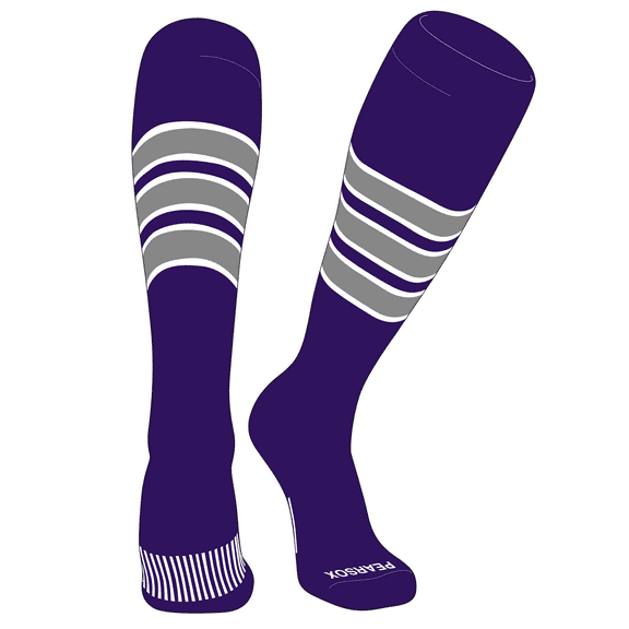 PEAR SOX Striped OTC Baseball, Softball, Football Socks (C) Purple, White, Silver (XS)