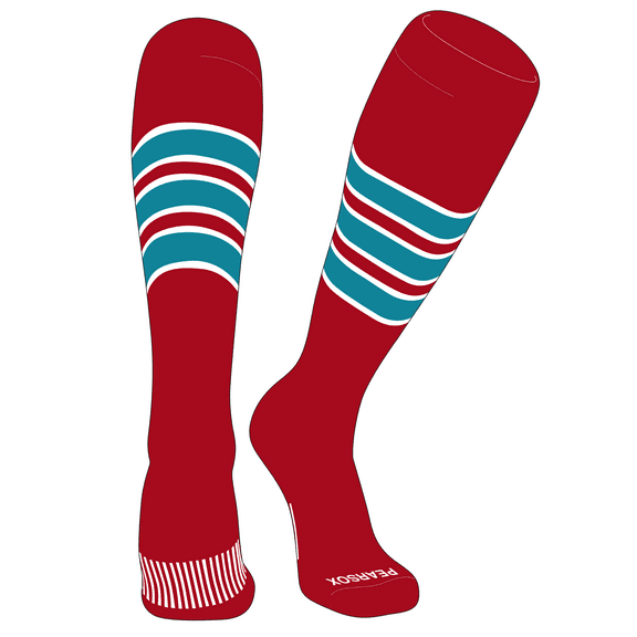 PEAR SOX Striped OTC Baseball, Softball, Football Socks (C) Red, White, Marlin Teal (M)