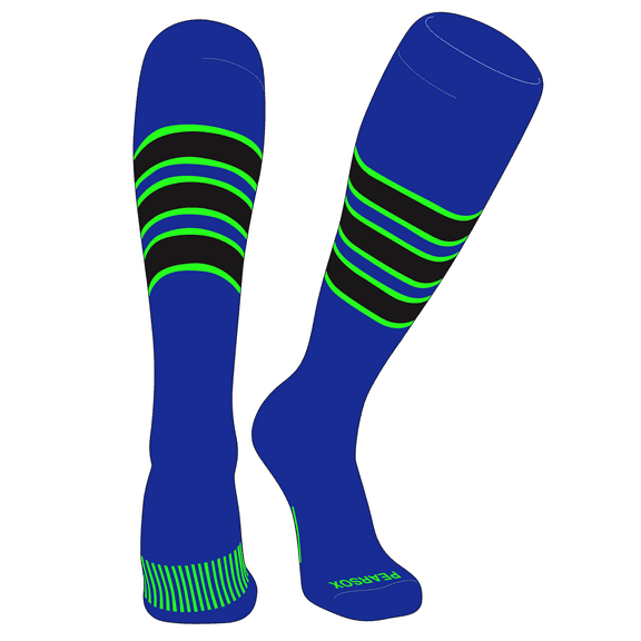 PEAR SOX Striped OTC Baseball, Softball, Football Socks (C) Royal, Neon Green, Black (XS)