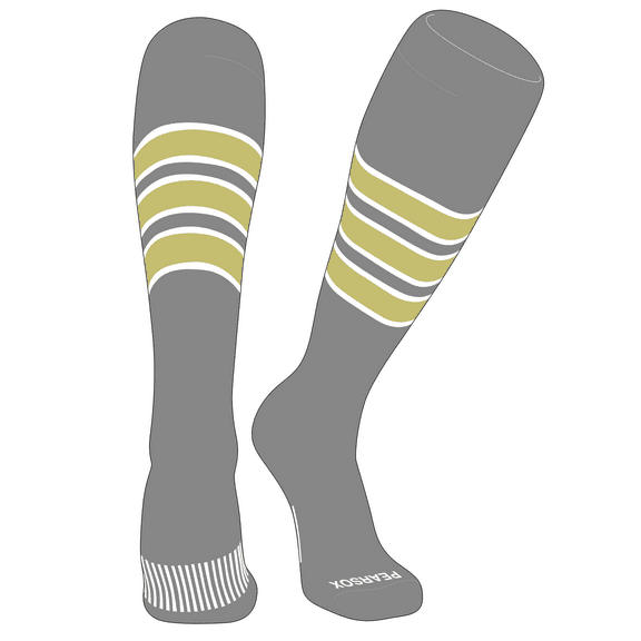 PEAR SOX Striped OTC Baseball, Softball, Football Socks (C) Silver, White, Vegas Gold (L)