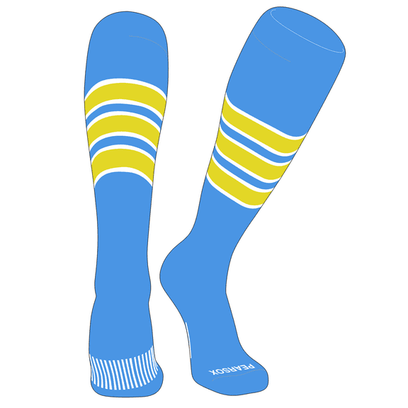 PEAR SOX Striped OTC Baseball, Softball, Football Socks (C) Sky Blue, White, Bright Yellow (XS)