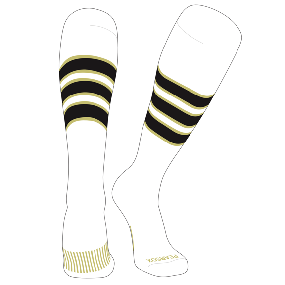 PEAR SOX Striped OTC Baseball, Softball, Football Socks (C) White, Vegas Gold, Black (M)
