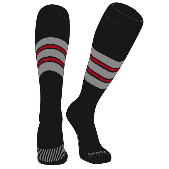 PEAR SOX Striped OTC Baseball, Softball, Football Socks (E) Black, Silver, Red (M)